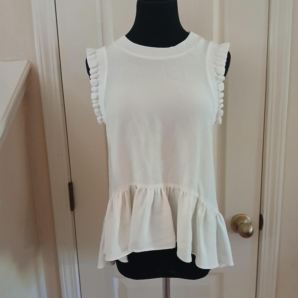 Cinq à Sept Ivory Crew Neck Ruffled Peplum Silk Sleeveless Blouse S Quiet Luxury